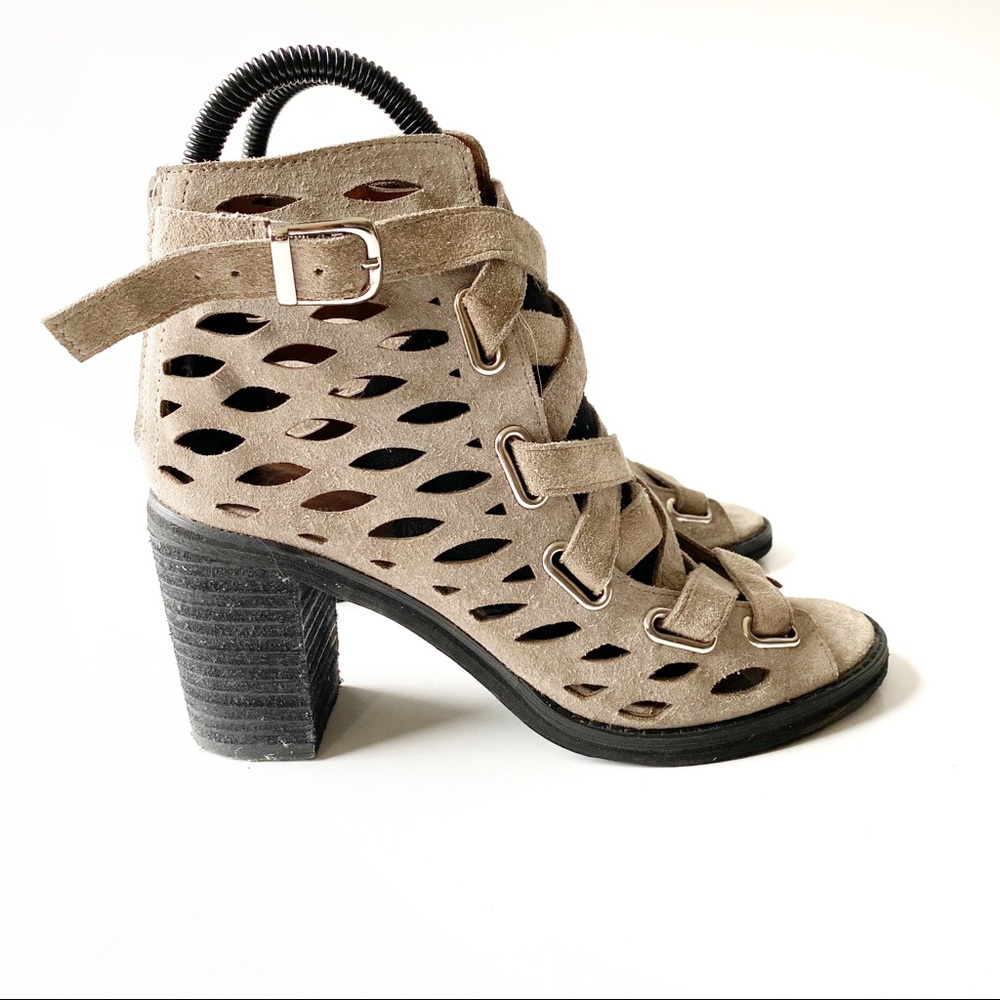 Jeffrey Campbell Perforated Salazar Suede Tan Booties 6.5